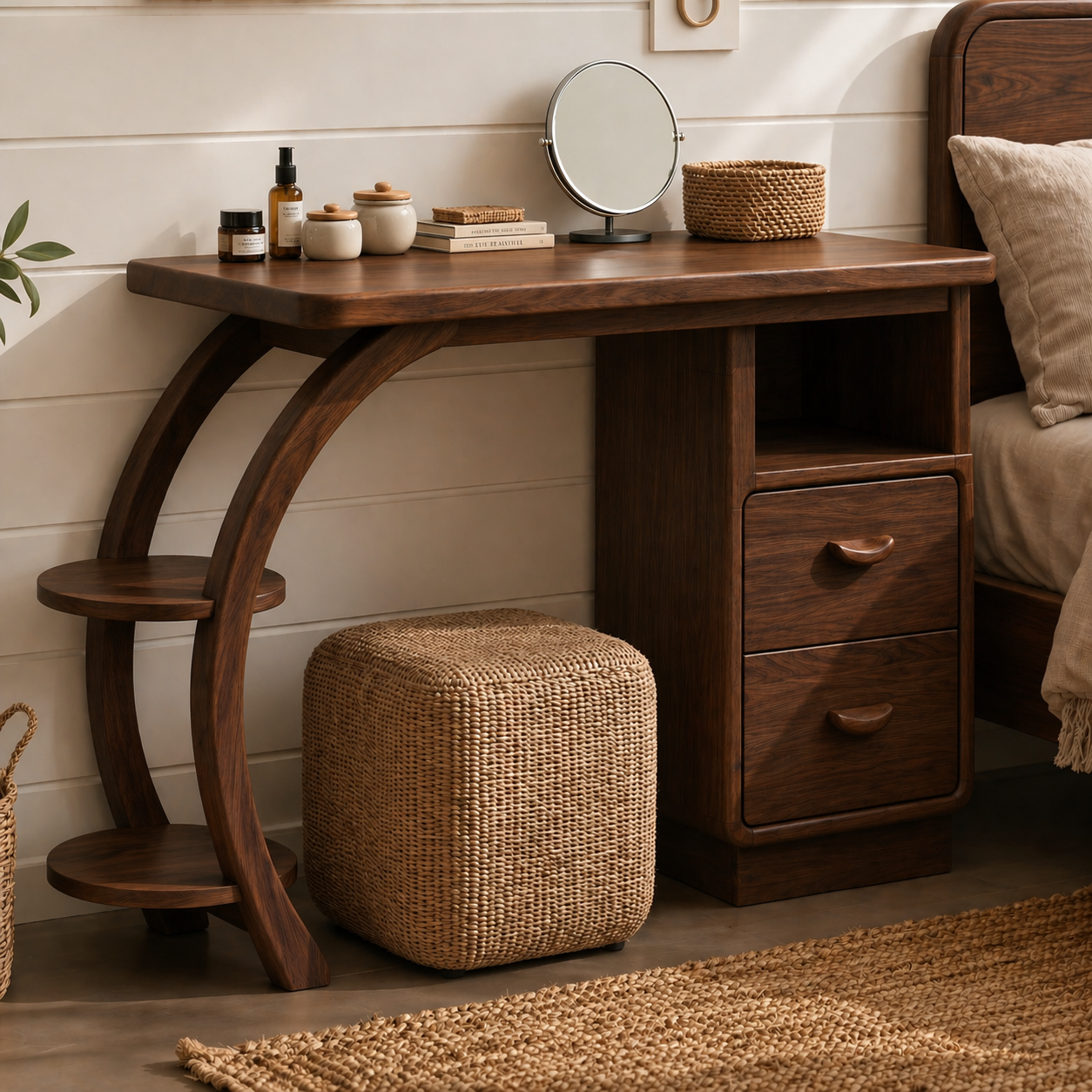 Solid Wood Makeup Vanity Desk with Curved Frame and Drawer Storage