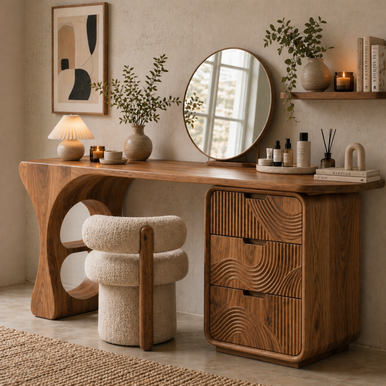 Solid Wood Makeup Vanity Desk with Sculptural Base and Carved Drawer Fronts