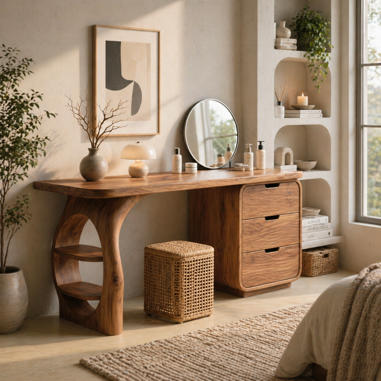 Solid Wood Makeup Vanity Desk with Sculptural Base and Drawer Storage