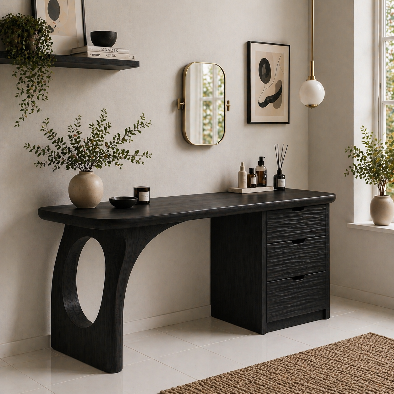 Solid Wood Makeup Vanity Desk with Sculptural Base and Textured Drawers