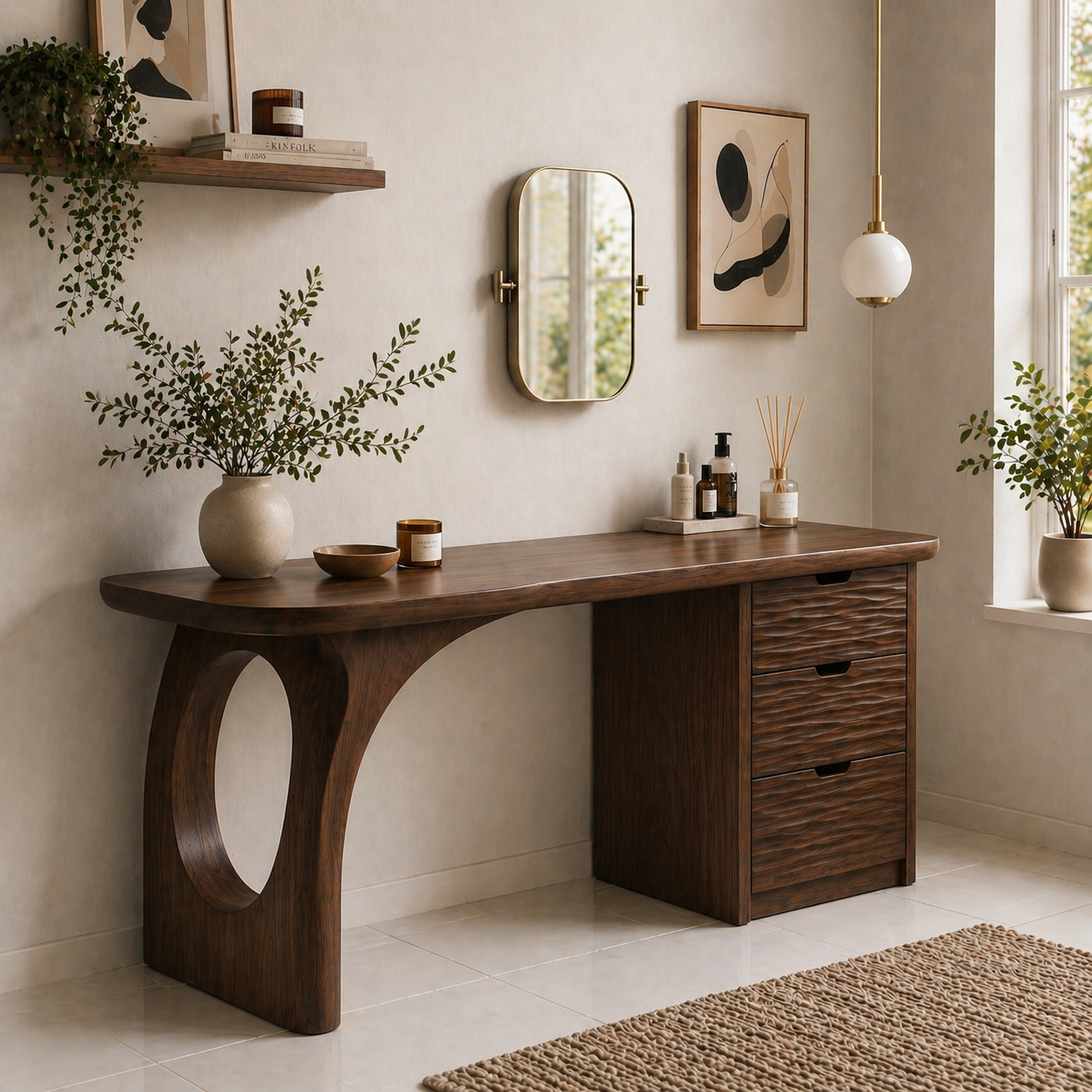 Solid Wood Makeup Vanity Desk with Sculptural Base and Textured Drawers