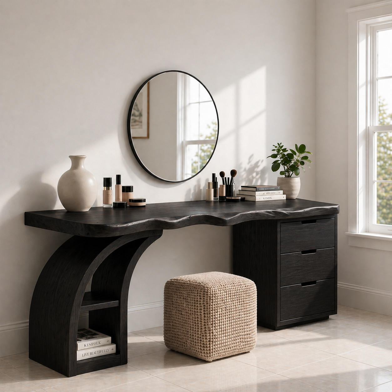 Solid Wood Makeup Vanity Desk with Live Edge Top and Curved Sculptural Base