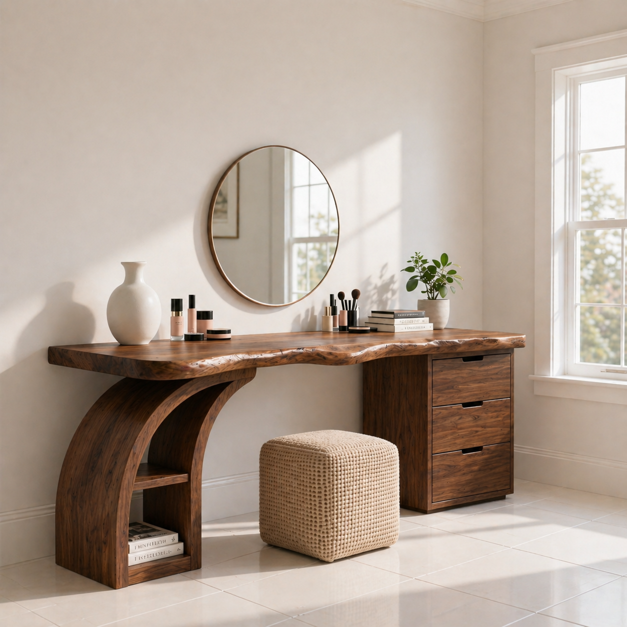 Solid Wood Makeup Vanity Desk with Live Edge Top and Curved Sculptural Base