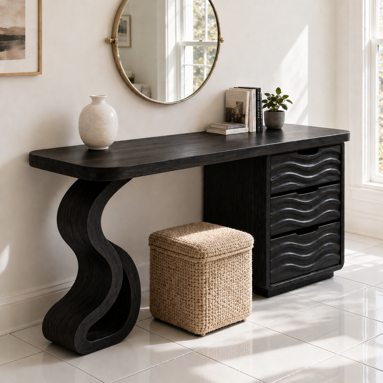 Solid Wood Makeup Vanity Desk with Wave Drawers and Sculptural Curved Base