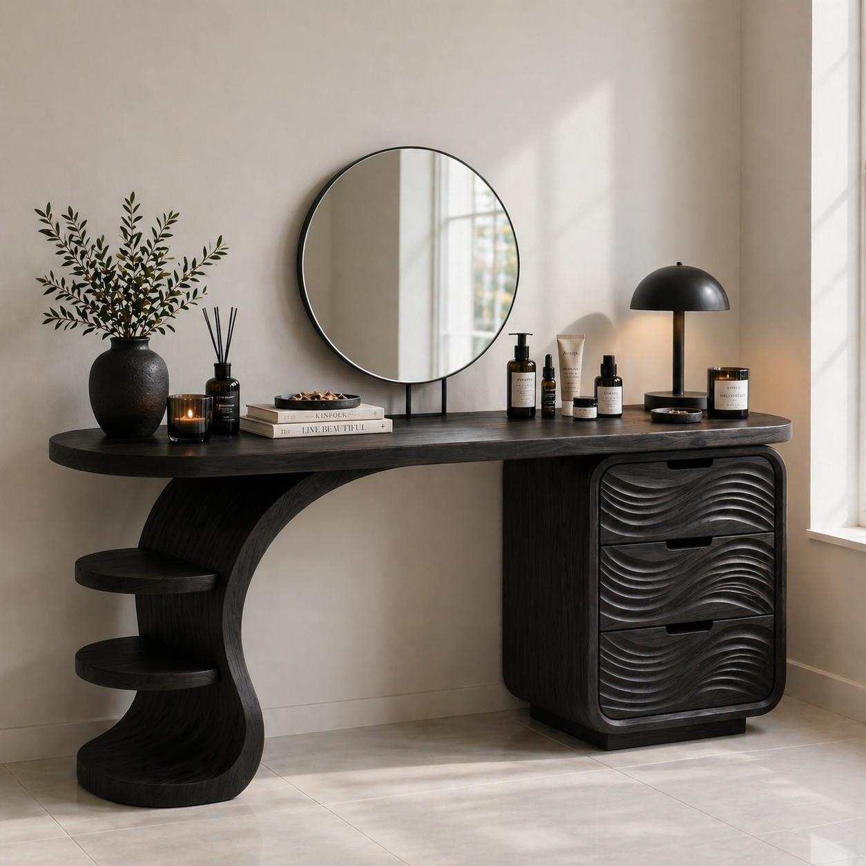 Solid Wood Makeup Vanity Desk with Wave Drawers and Curved Sculptural Base