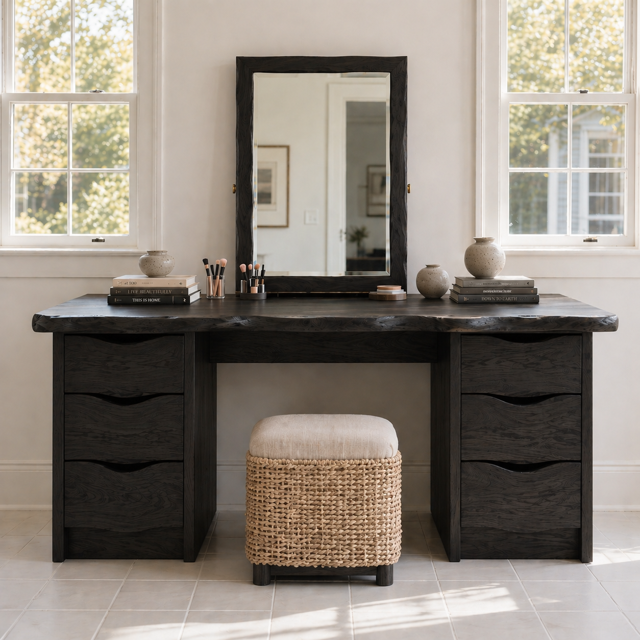 Large Solid Wood Makeup Vanity Desk with Double Drawer Storage and Live Edge Top