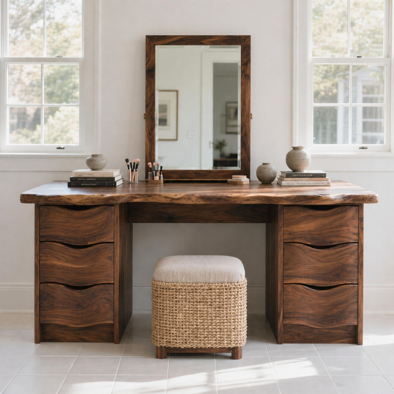 Large Solid Wood Makeup Vanity Desk with Double Drawer Storage and Live Edge Top