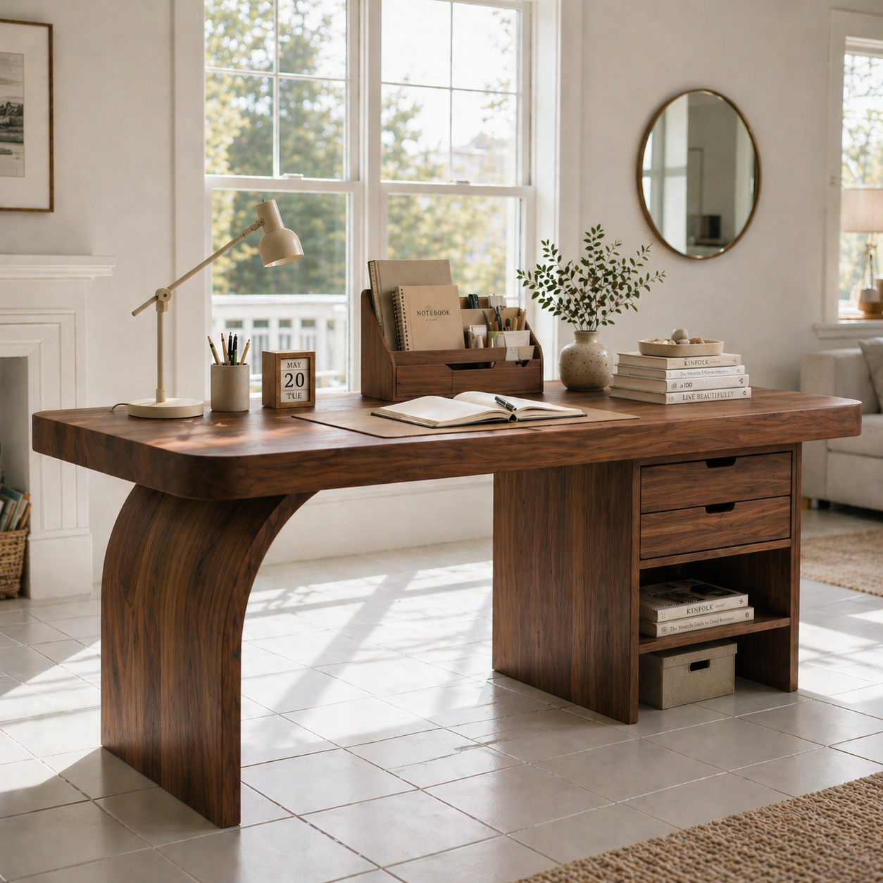 Solid Wood Study Desk with Curved Leg, Drawers and Open Shelf Storage