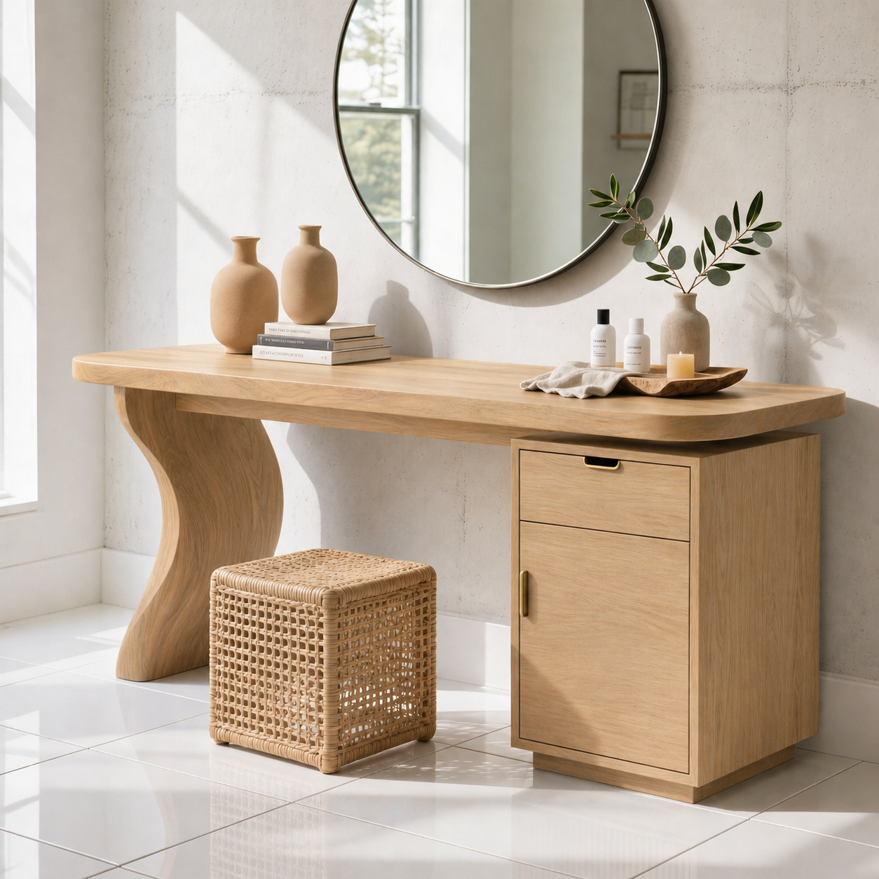 Solid Wood Makeup Vanity with Curved Base and Drawer Cabinet Storage