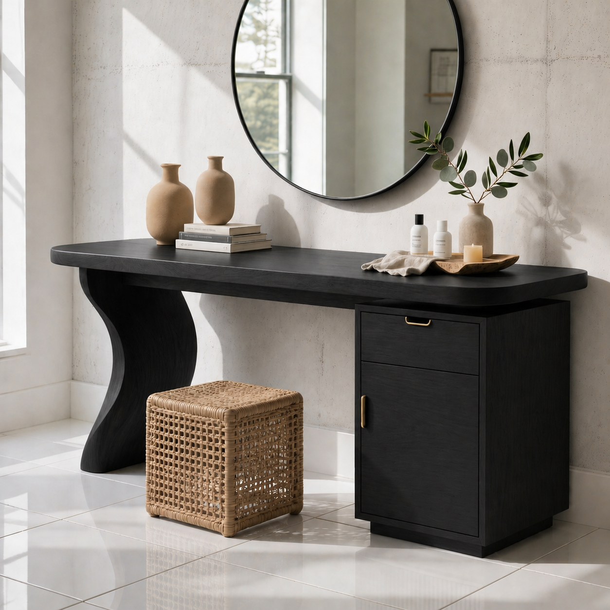 Solid Wood Makeup Vanity with Curved Base and Drawer Cabinet Storage