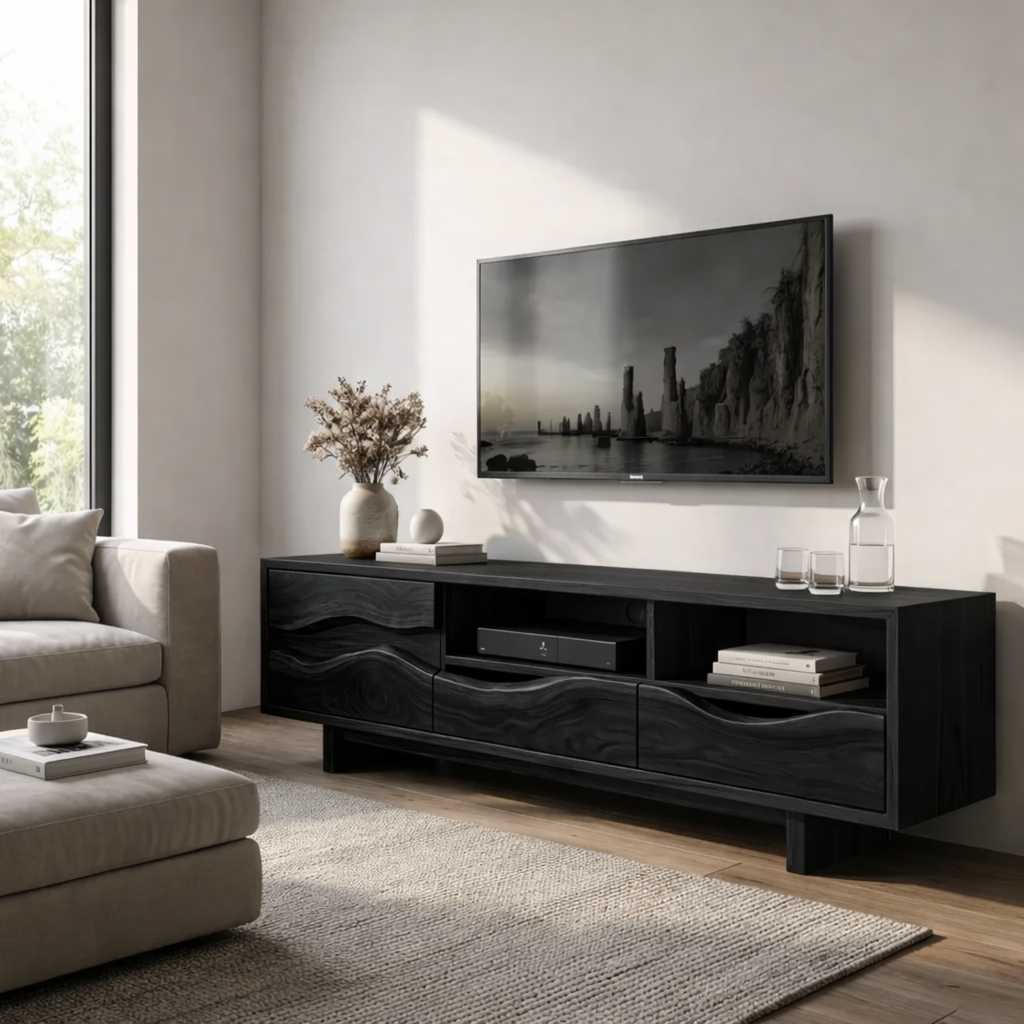 Solid Wood TV Stand with Wave Carved Drawers – Modern Rustic Media Console