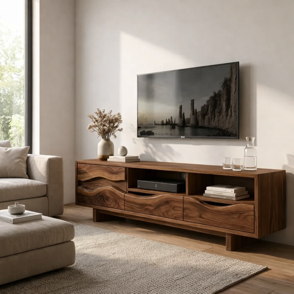 Solid Wood TV Stand with Wave Carved Drawers – Modern Rustic Media Console