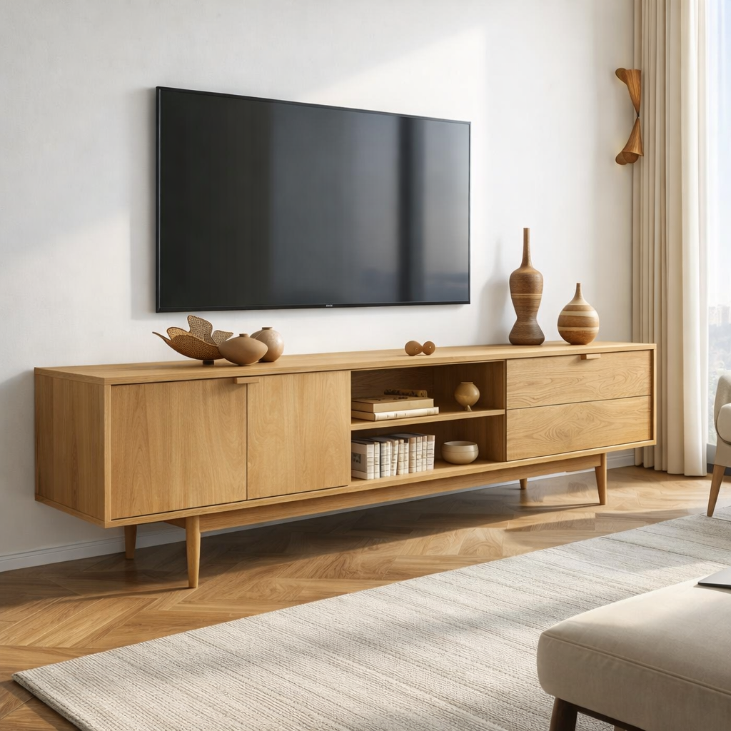 Mid-Century Solid Wood TV Stand with Cabinets and Open Shelf – Modern Media Console