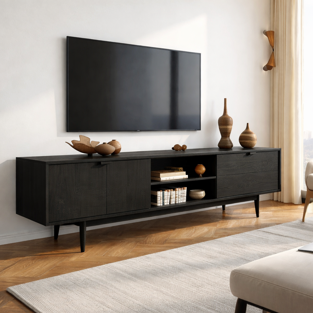 Mid-Century Solid Wood TV Stand with Cabinets and Open Shelf – Modern Media Console