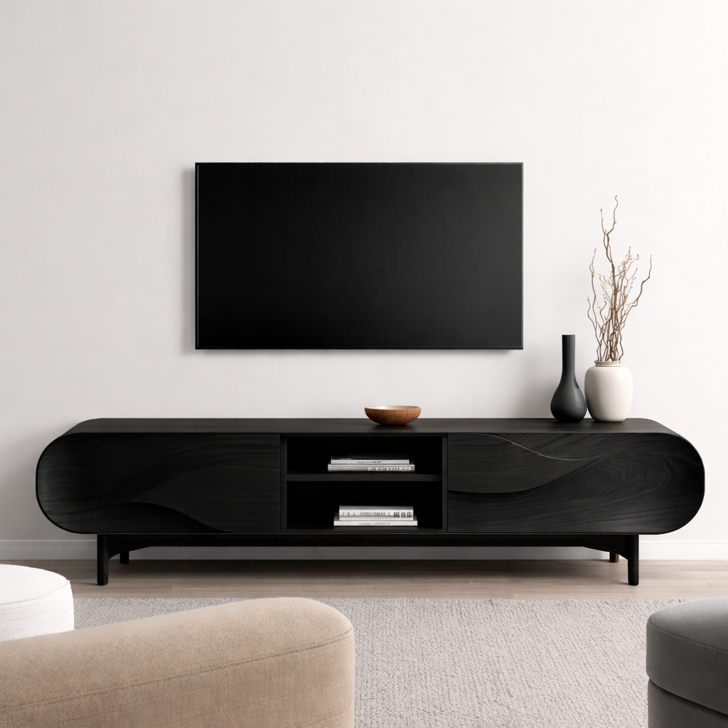 Solid Wood TV Stand with Sculpted Wave Front – Modern Walnut Media Console