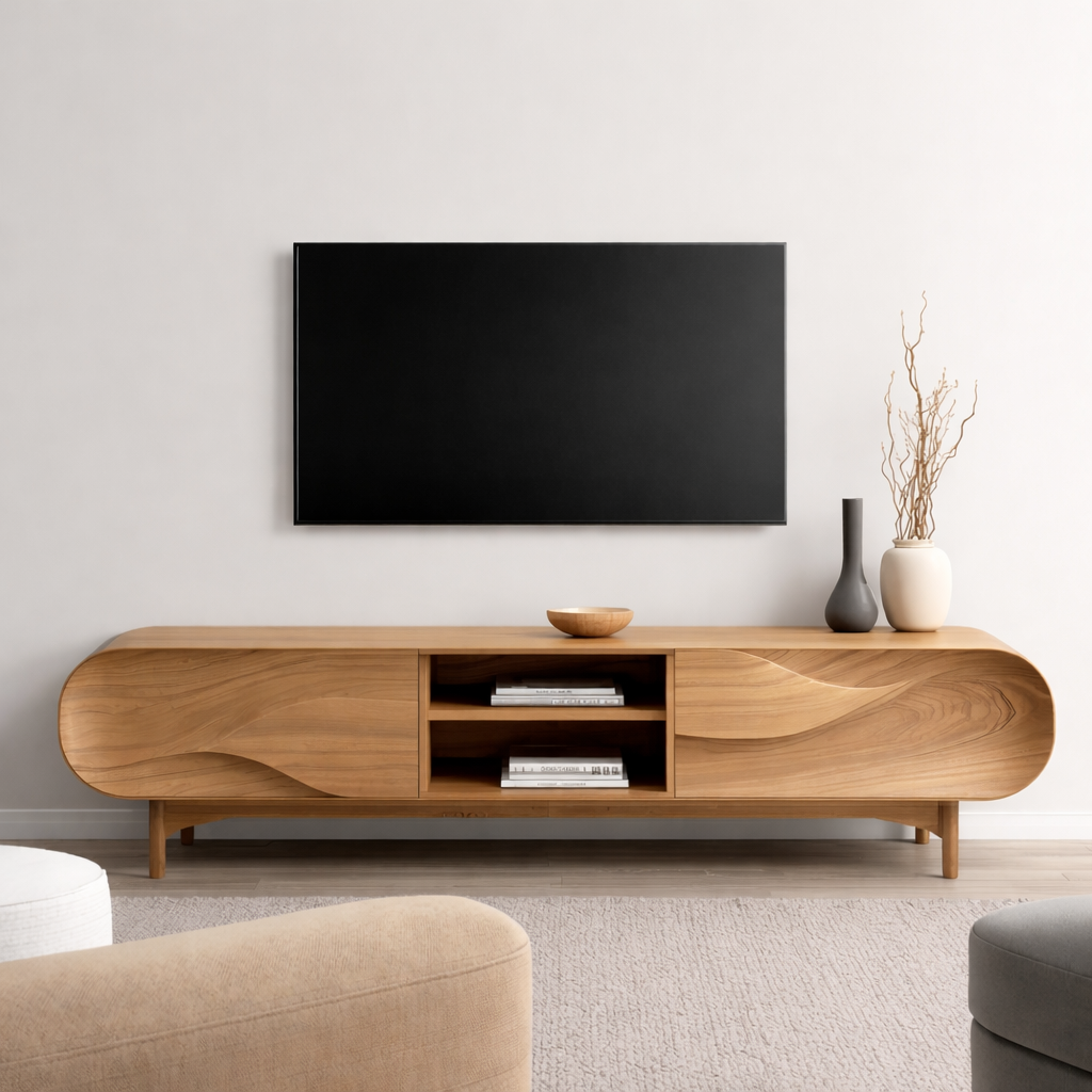 Solid Wood TV Stand with Sculpted Wave Front – Modern Walnut Media Console