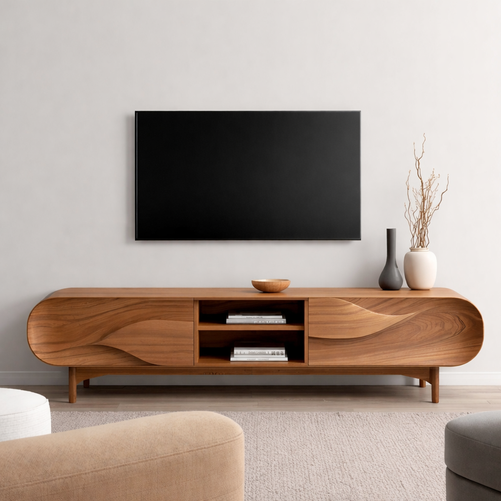 Solid Wood TV Stand with Sculpted Wave Front – Modern Walnut Media Console