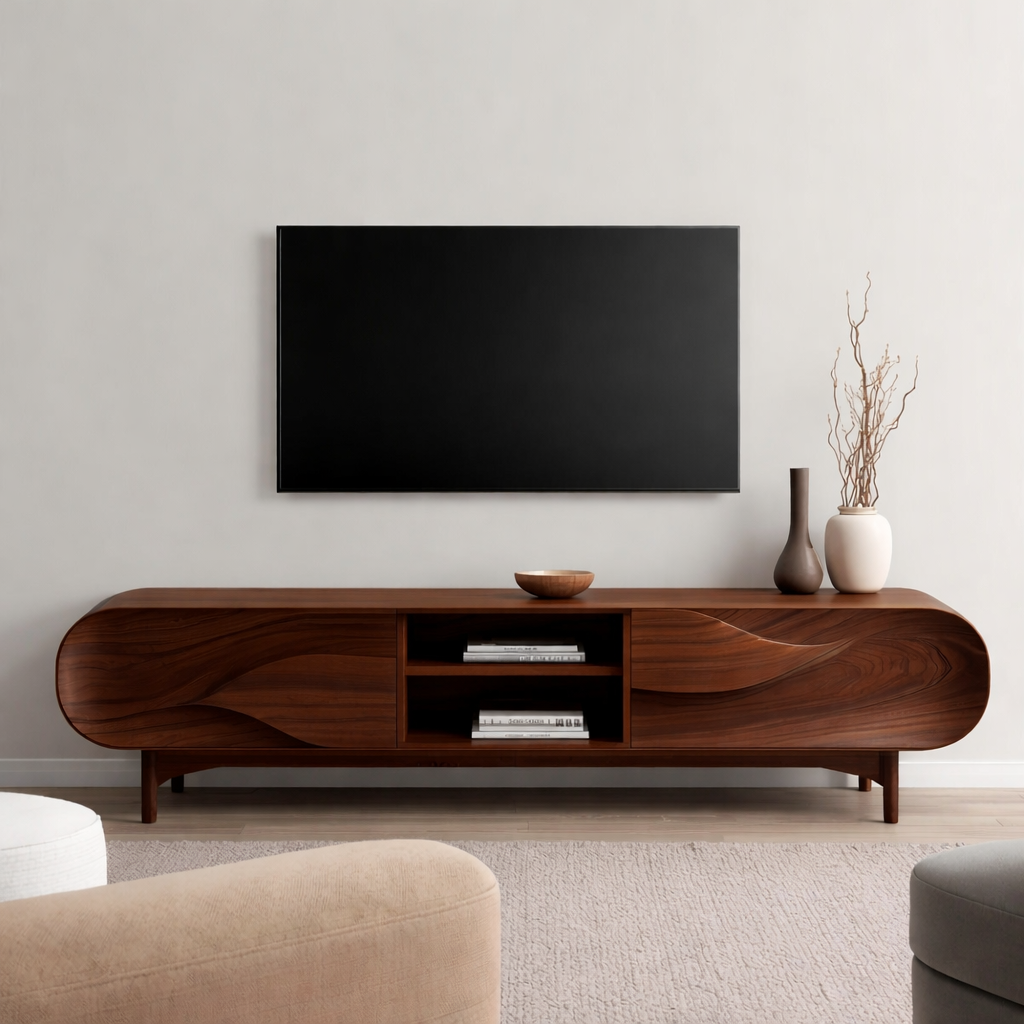 Solid Wood TV Stand with Sculpted Wave Front – Modern Walnut Media Console