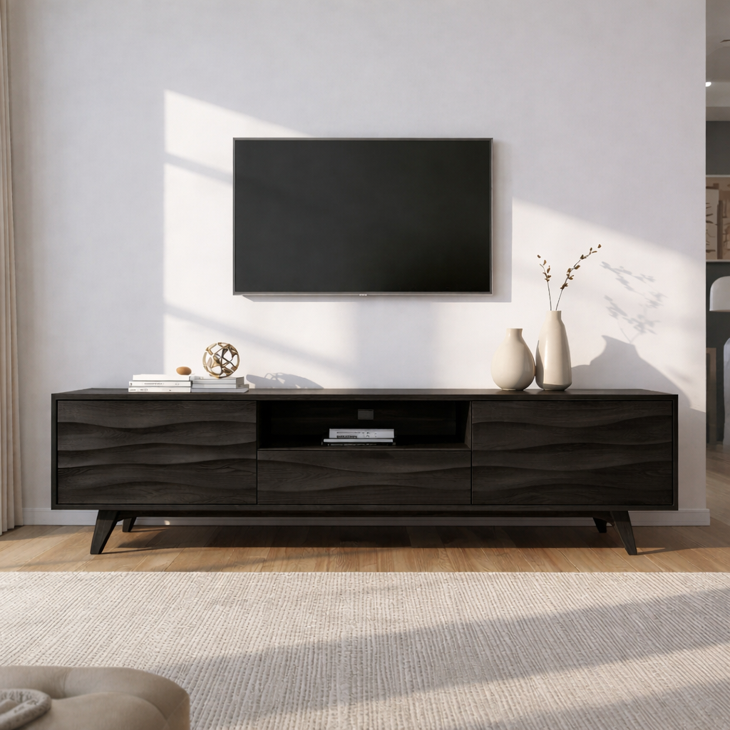 Solid Wood TV Stand with Wave Pattern Doors – Modern Rustic Media Console