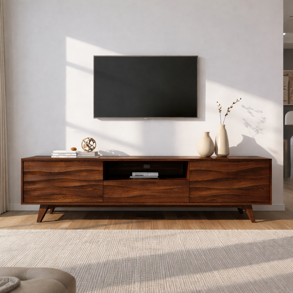 Solid Wood TV Stand with Wave Pattern Doors – Modern Rustic Media Console