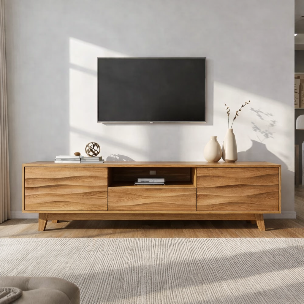 Solid Wood TV Stand with Wave Pattern Doors – Modern Rustic Media Console