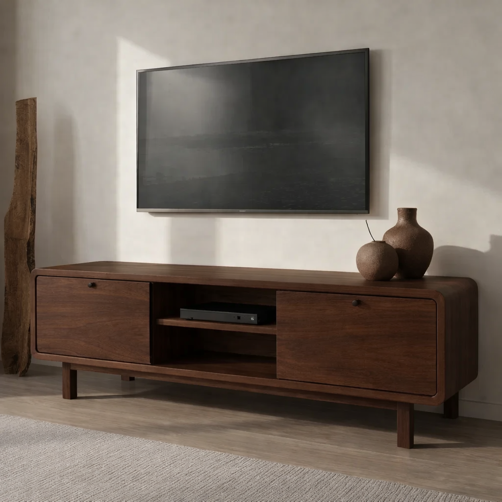 Minimalist Solid Wood TV Stand with Sliding Doors – Modern Rustic Media Console