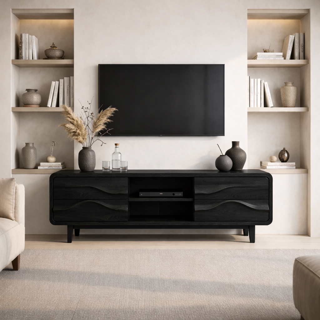 Solid Wood TV Stand with Carved Wave Front – Modern Rustic Media Console