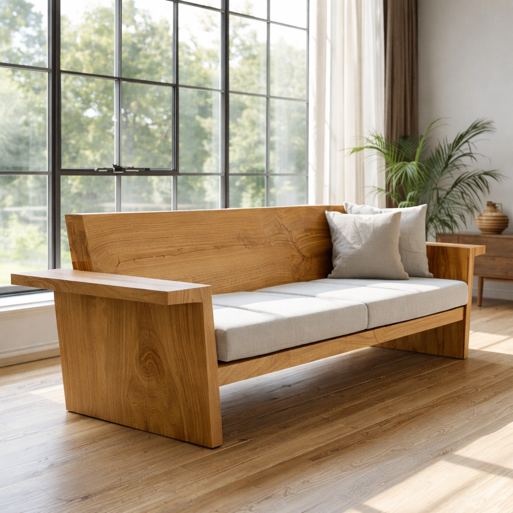 Solid Wood Sofa Frame – Rustic Modern Wooden Bench Style Sofa