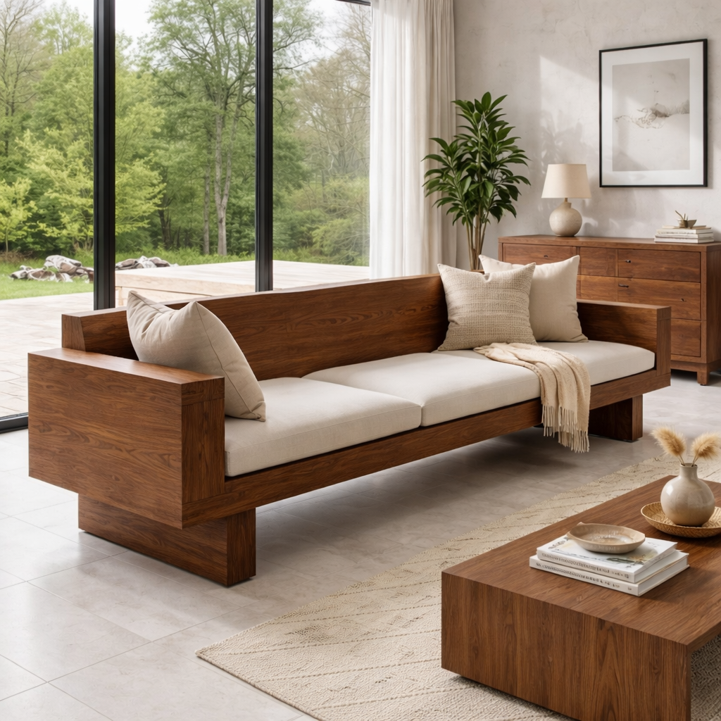 Solid Wood Sofa – Modern Oak Wooden Living Room Sofa