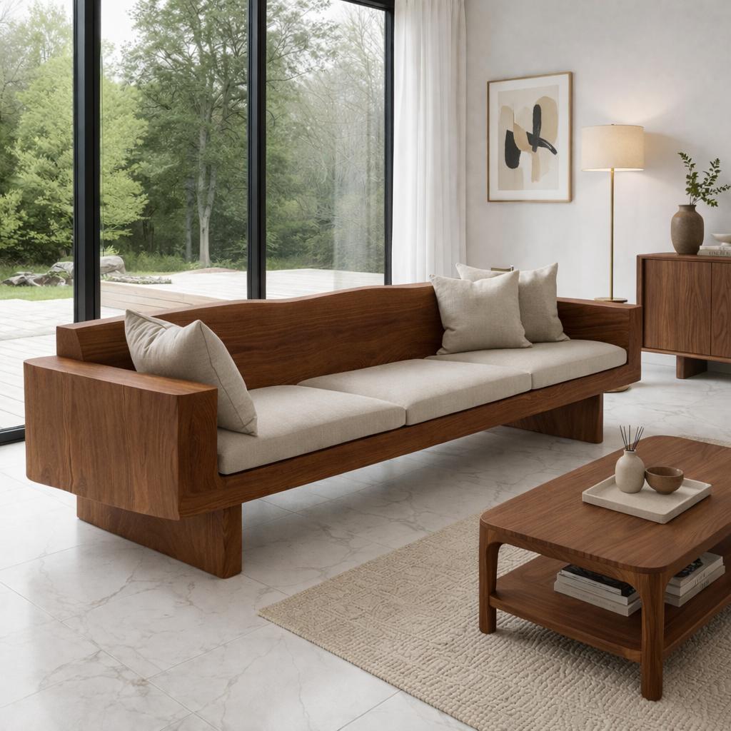 Walnut Solid Wood Sofa – Modern Rustic Wooden Living Room Sofa