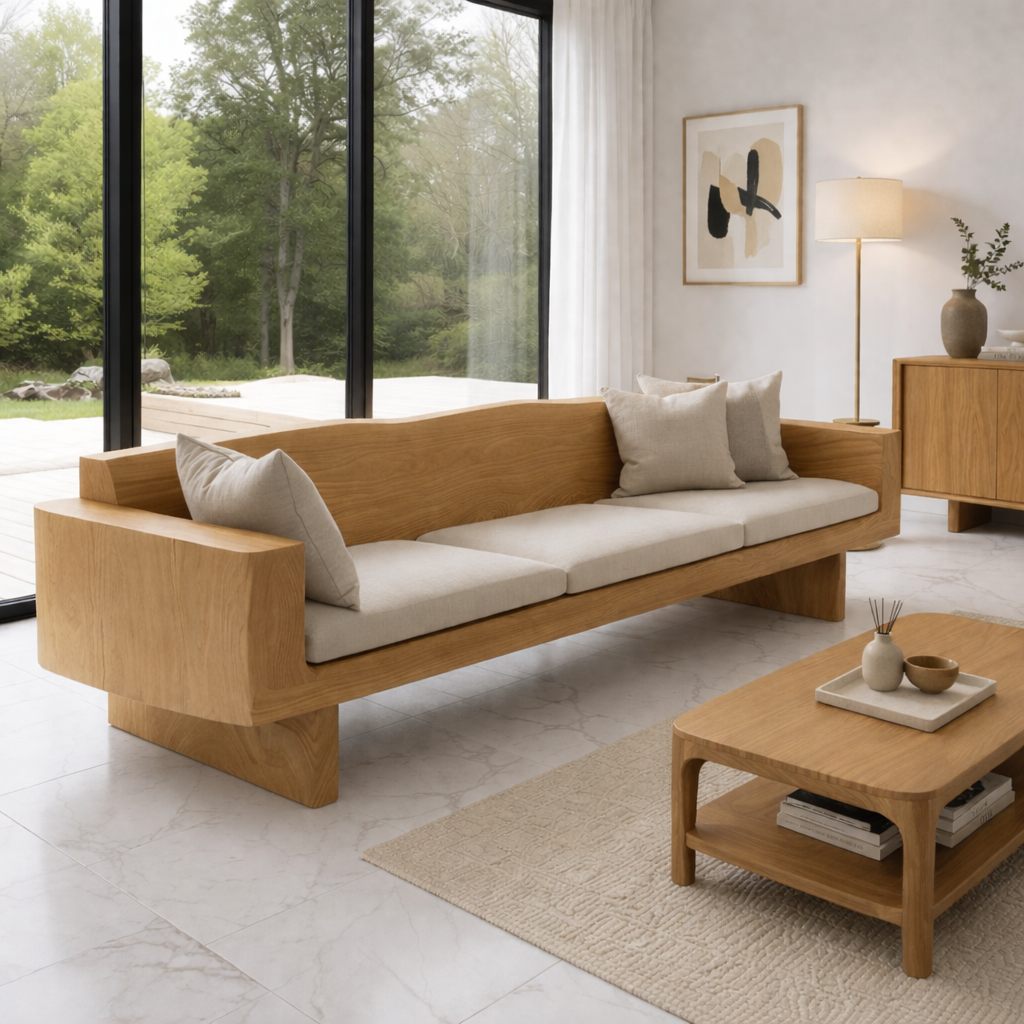 Walnut Solid Wood Sofa – Modern Rustic Wooden Living Room Sofa