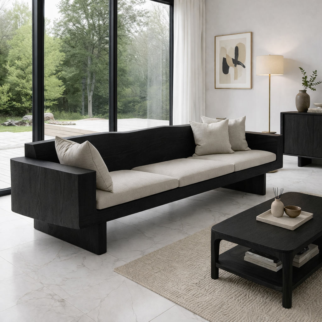 Walnut Solid Wood Sofa – Modern Rustic Wooden Living Room Sofa