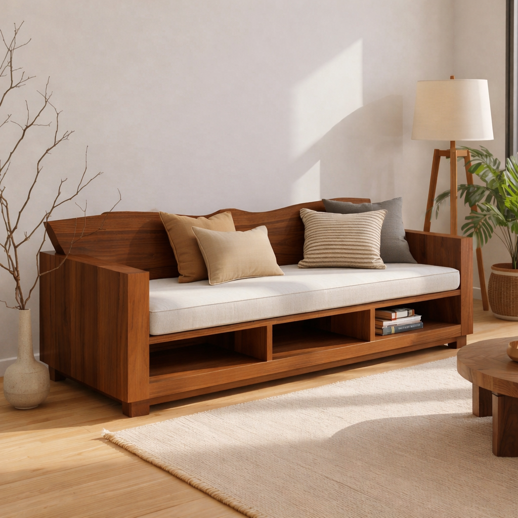 Walnut Solid Wood Sofa with Storage Shelf – Modern Wooden Living Room Sofa