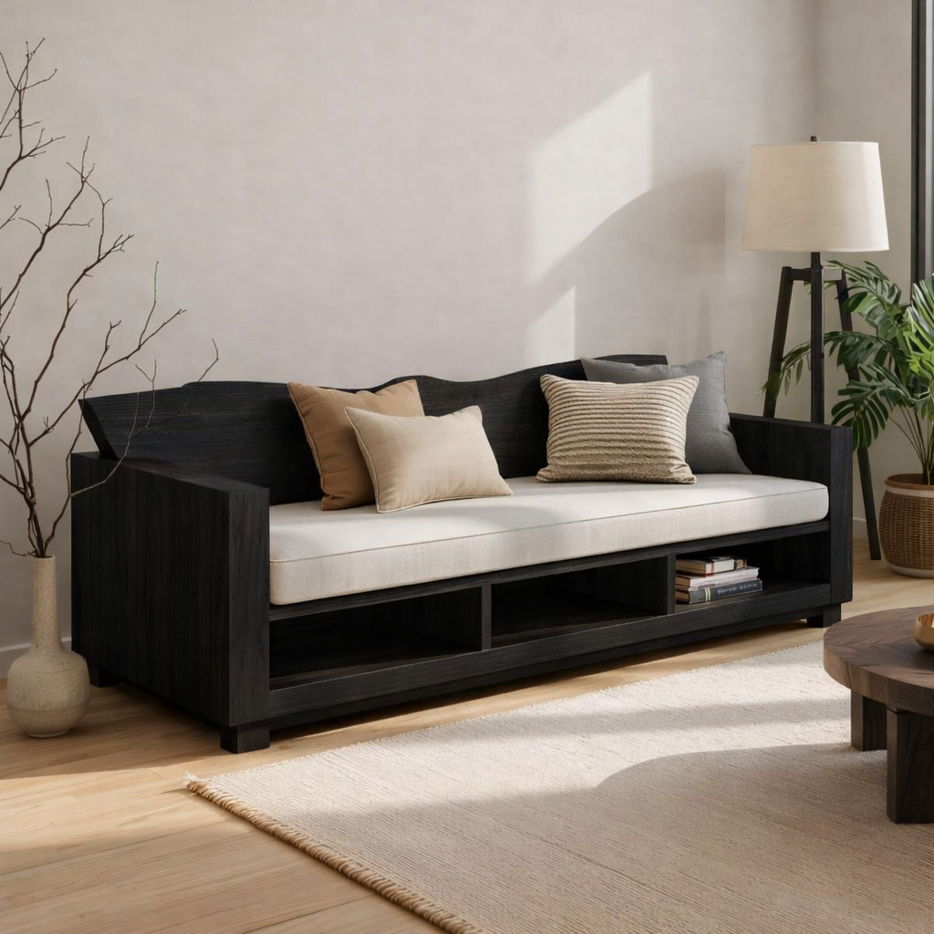 Walnut Solid Wood Sofa with Storage Shelf – Modern Wooden Living Room Sofa