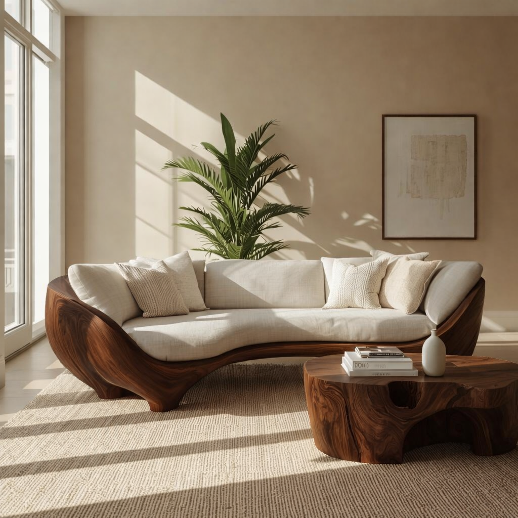 Luxury Curved Solid Wood Sofa with Organic Modern Design