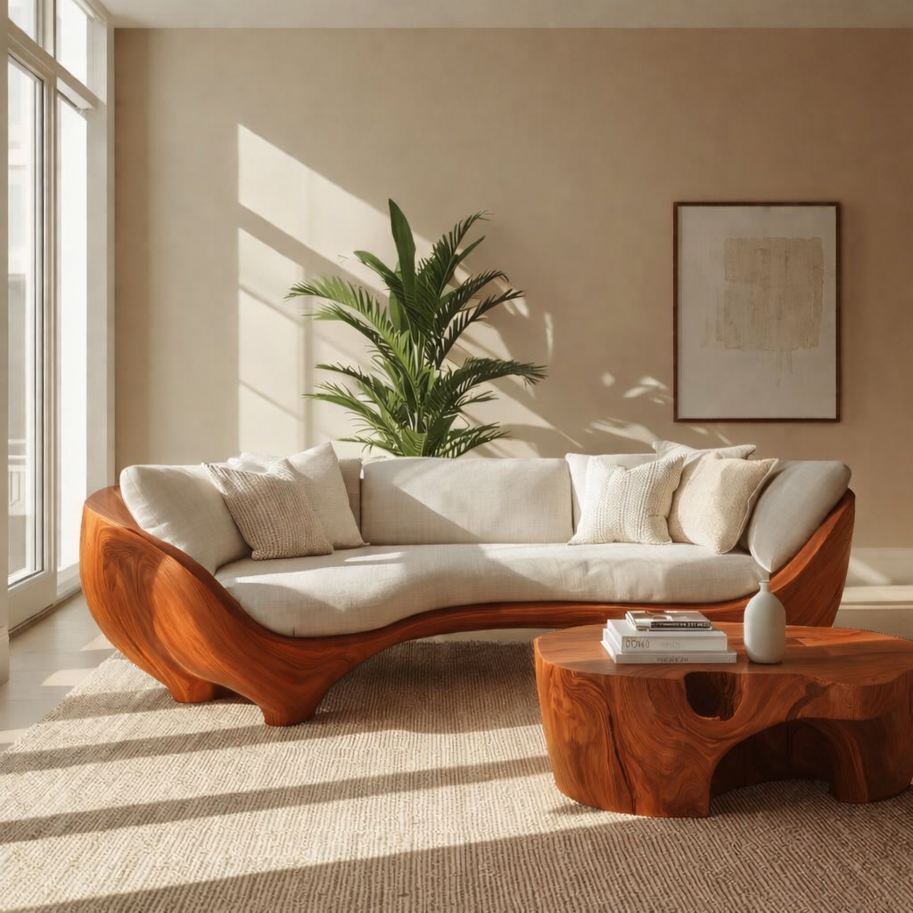 Luxury Curved Solid Wood Sofa with Organic Modern Design