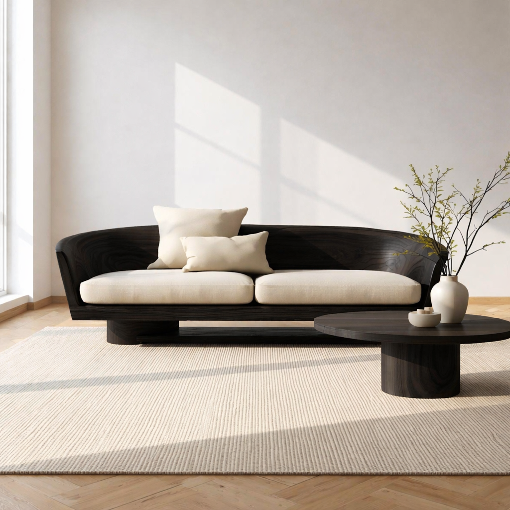 Solid Wood Curved Sofa – Sculptural Wooden Sofa with Organic Backrest