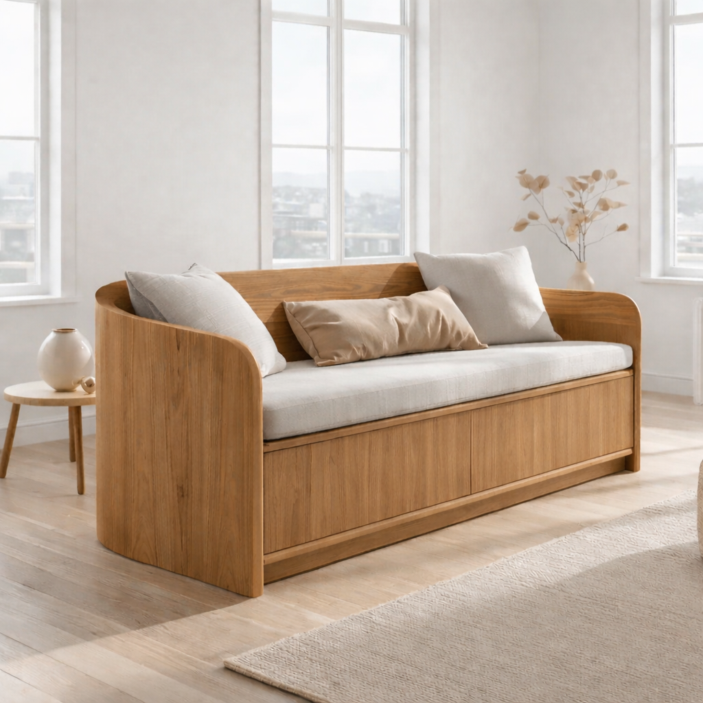 Solid Wood Storage Sofa – Curved Wooden Sofa with Hidden Storage Base