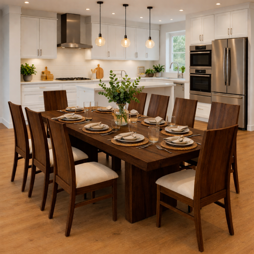 Solid Wood Dining Table with Chunky Pedestal Base – Modern Farmhouse Kitchen Table