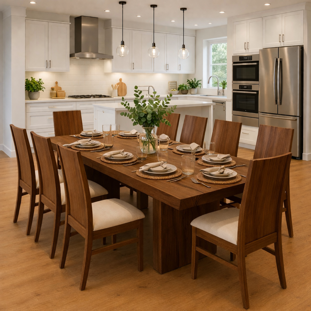 Solid Wood Dining Table with Chunky Pedestal Base – Modern Farmhouse Kitchen Table