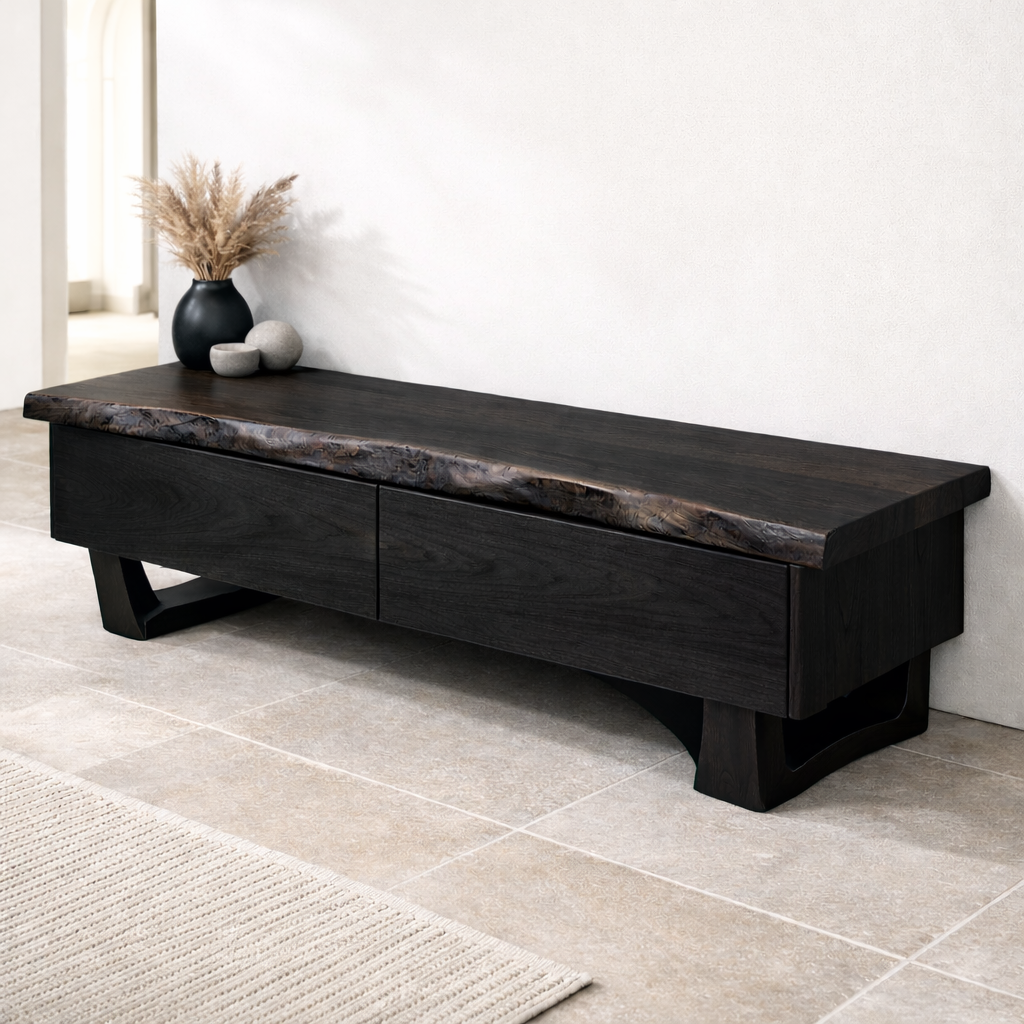 Solid Wood Entryway Bench with Drawers, Live Edge Storage Bench, Hallway Seating, Wooden Shoe Bench