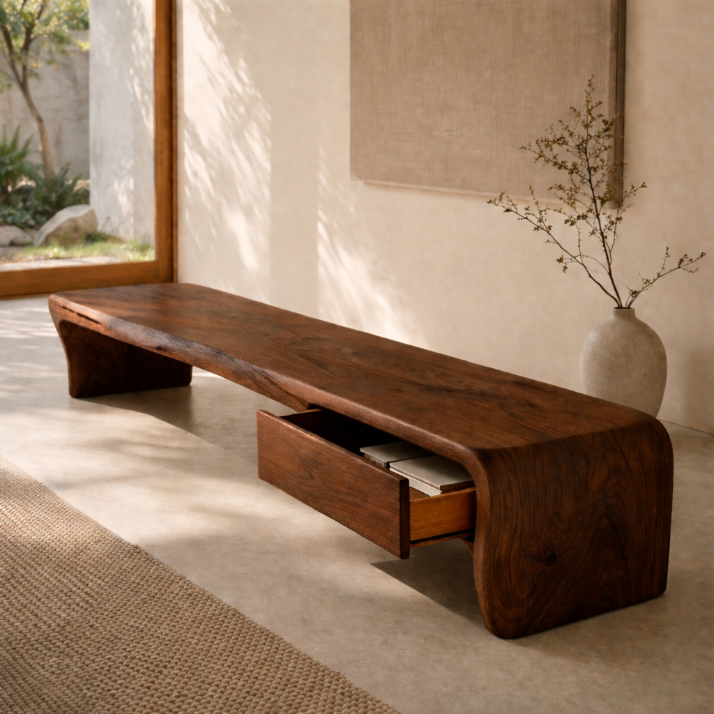 Solid Wood Entryway Bench with Hidden Drawer – Sculptural Minimalist Design