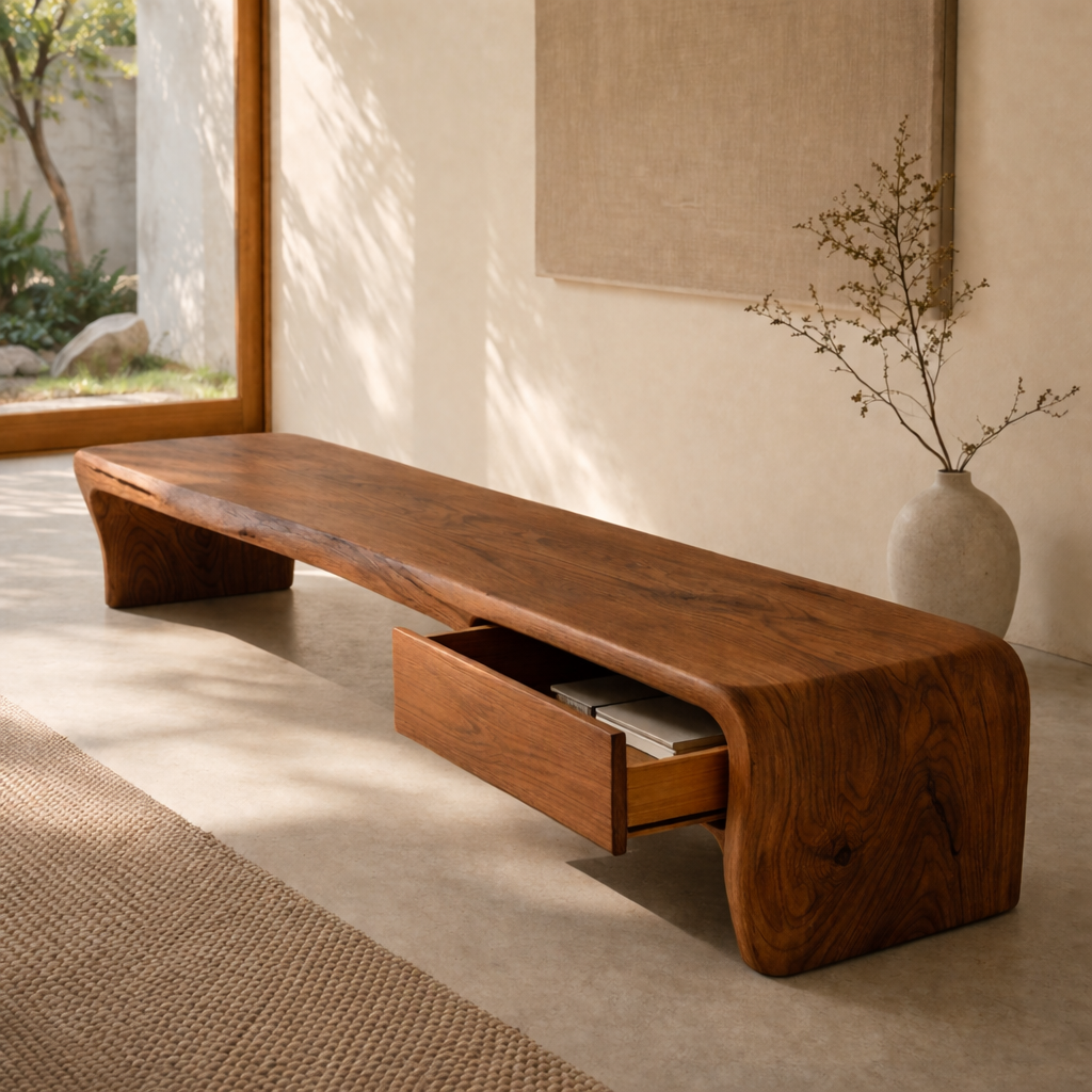Solid Wood Entryway Bench with Hidden Drawer – Sculptural Minimalist Design