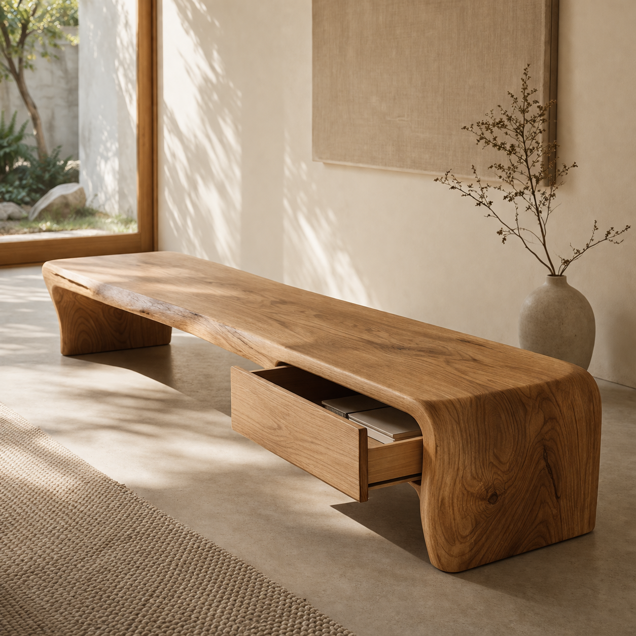 Solid Wood Entryway Bench with Hidden Drawer – Sculptural Minimalist Design