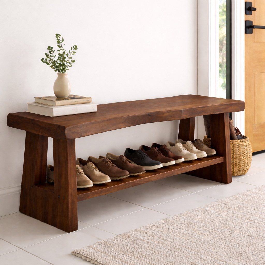 Solid Wood Entryway Shoe Bench with Open Shelf – Minimalist Storage Bench