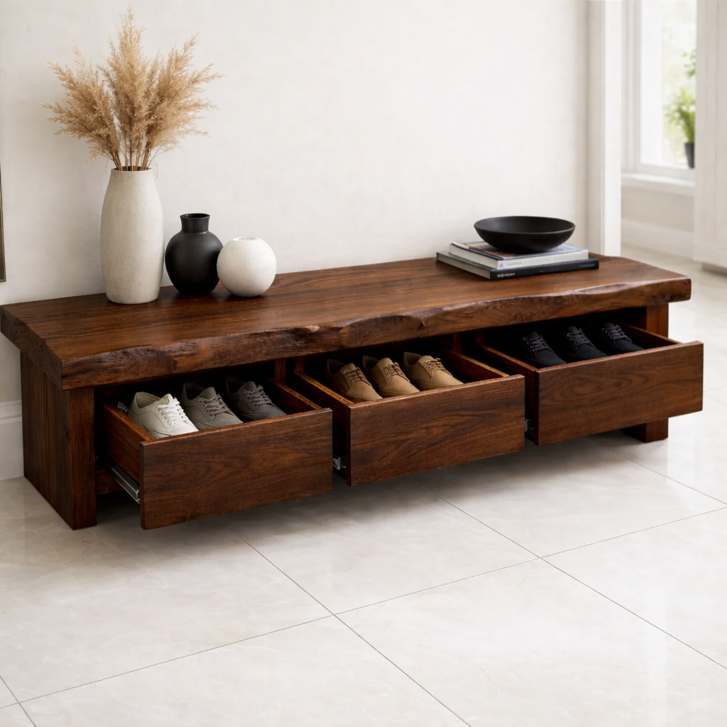 Solid Wood Entryway Bench with 3 Drawers – Hidden Shoe Storage Bench