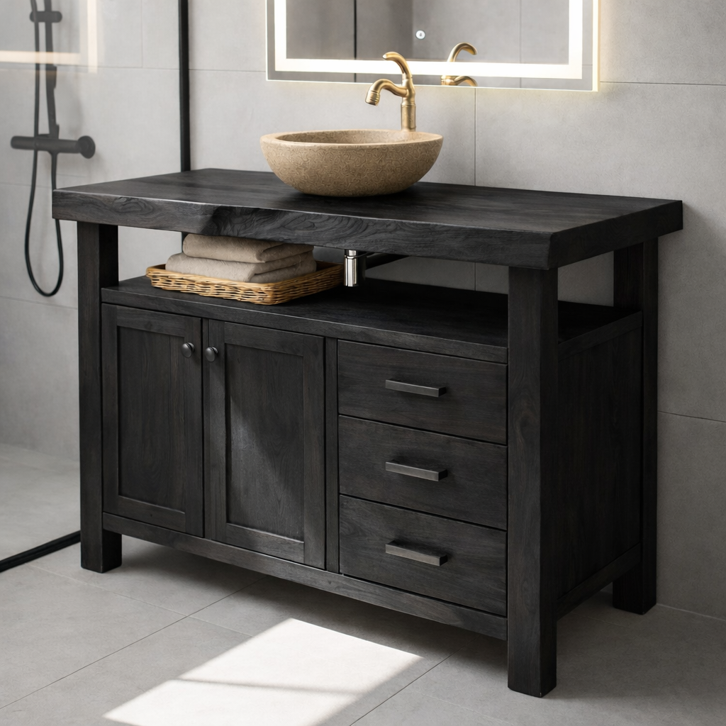 Rustic Solid Wood Bathroom Vanity with Double Door Cabinet and Three Drawers