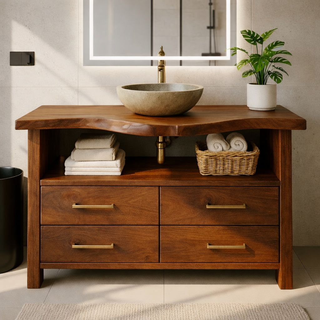 Live Edge Solid Wood Bathroom Vanity with 4 Drawers and Open Storage Shelf for Modern Rustic Interiors