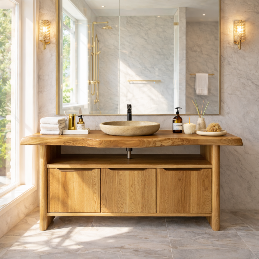 Live Edge Solid Wood Bathroom Vanity with Three Drawers and Open Shelf for Modern Luxury Bathrooms