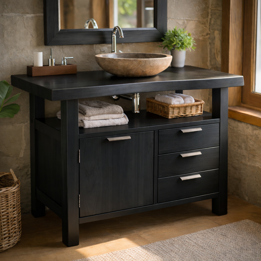 Solid Wood Bathroom Vanity with Cabinet Door, Three Drawers and Open Shelf for Rustic Modern Bathrooms
